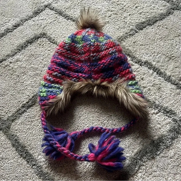 Aerie Wool Alpaca Knit Fur Pink purple  Trapper Winter Hat Pom Pom - Picture 9 of 9